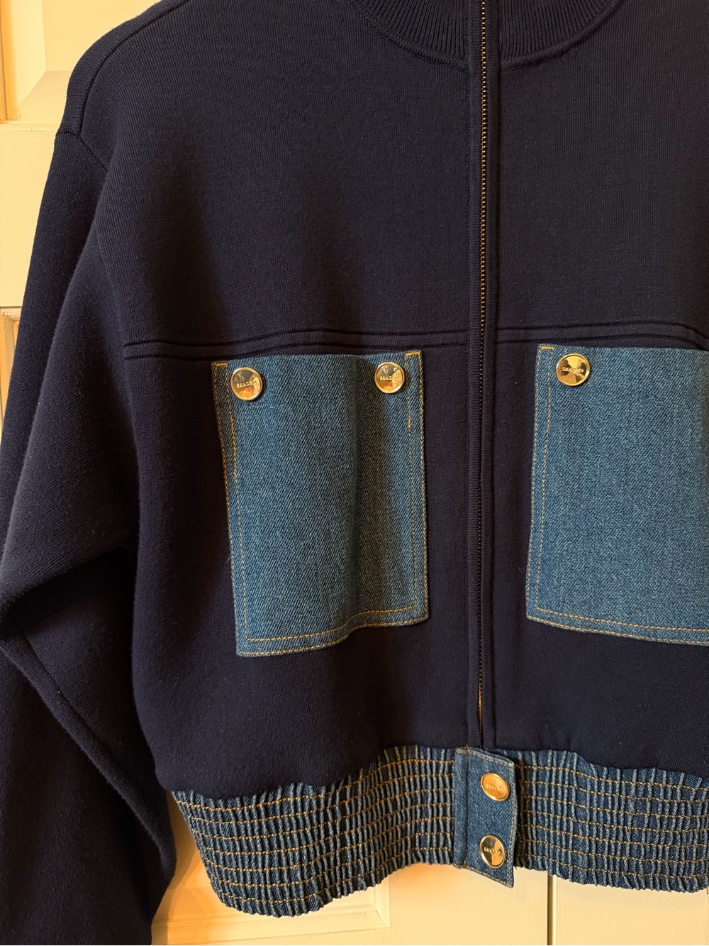 Sandro Paris Denim Pocket Bomber Jacket | Navy | S - Picture 3 of 7
